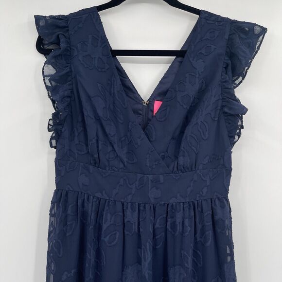 Lilly Pulitzer Womens Dress Sz 2 Navy Autumn Botanical Floral V-Neck Ruffle Midi - Picture 3 of 10
